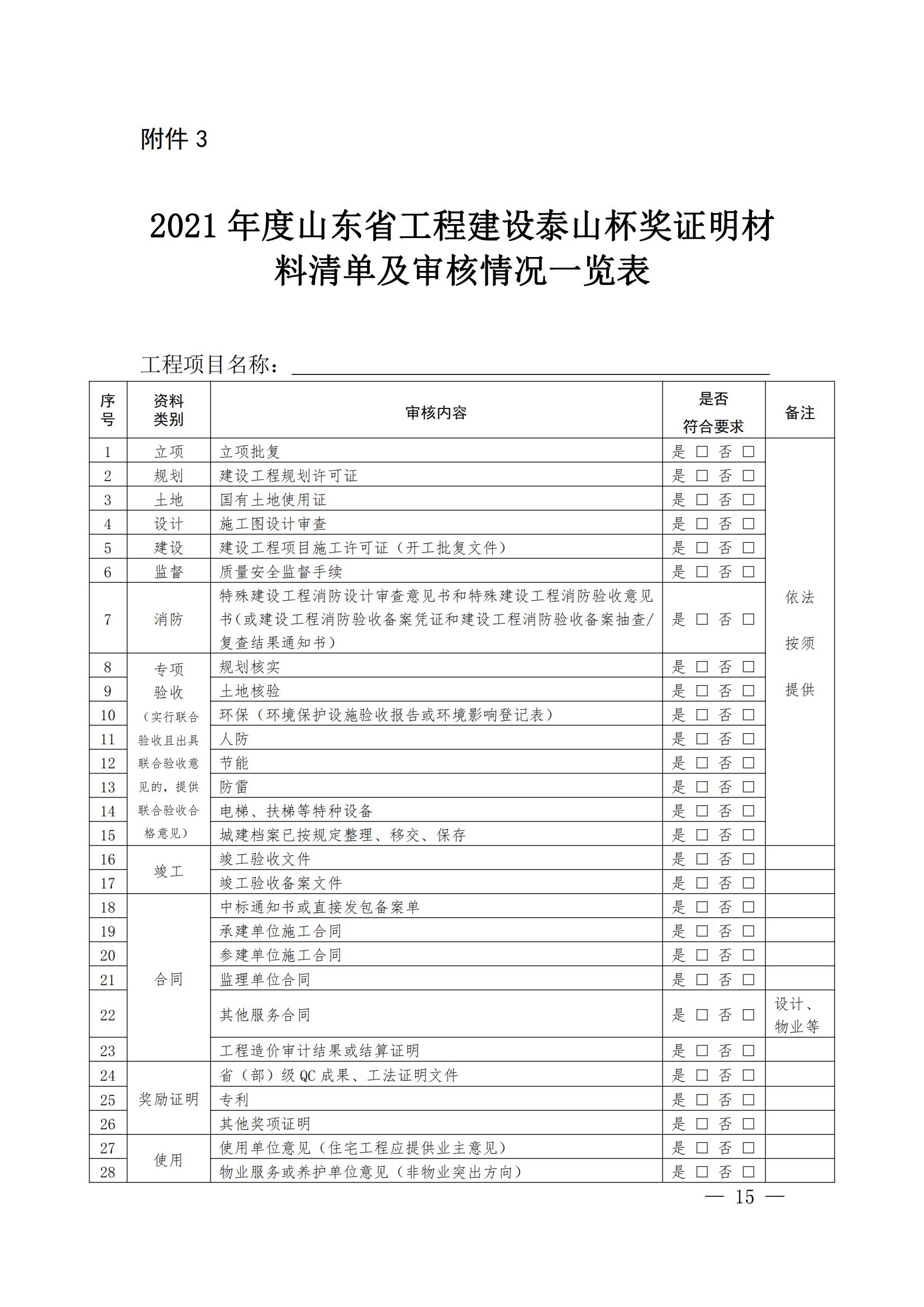山东省住房和城乡建设厅关于组织开展2021年度“山东省工程建设泰山杯奖”申报工作的通知 (11